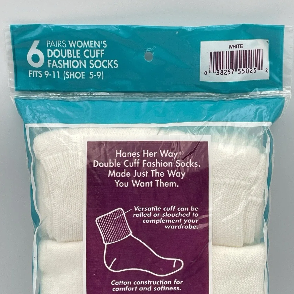 Vintage 1992 Hanes Her Way Double Cuff Socks Fashion 6 Pair White New Fits 5-9